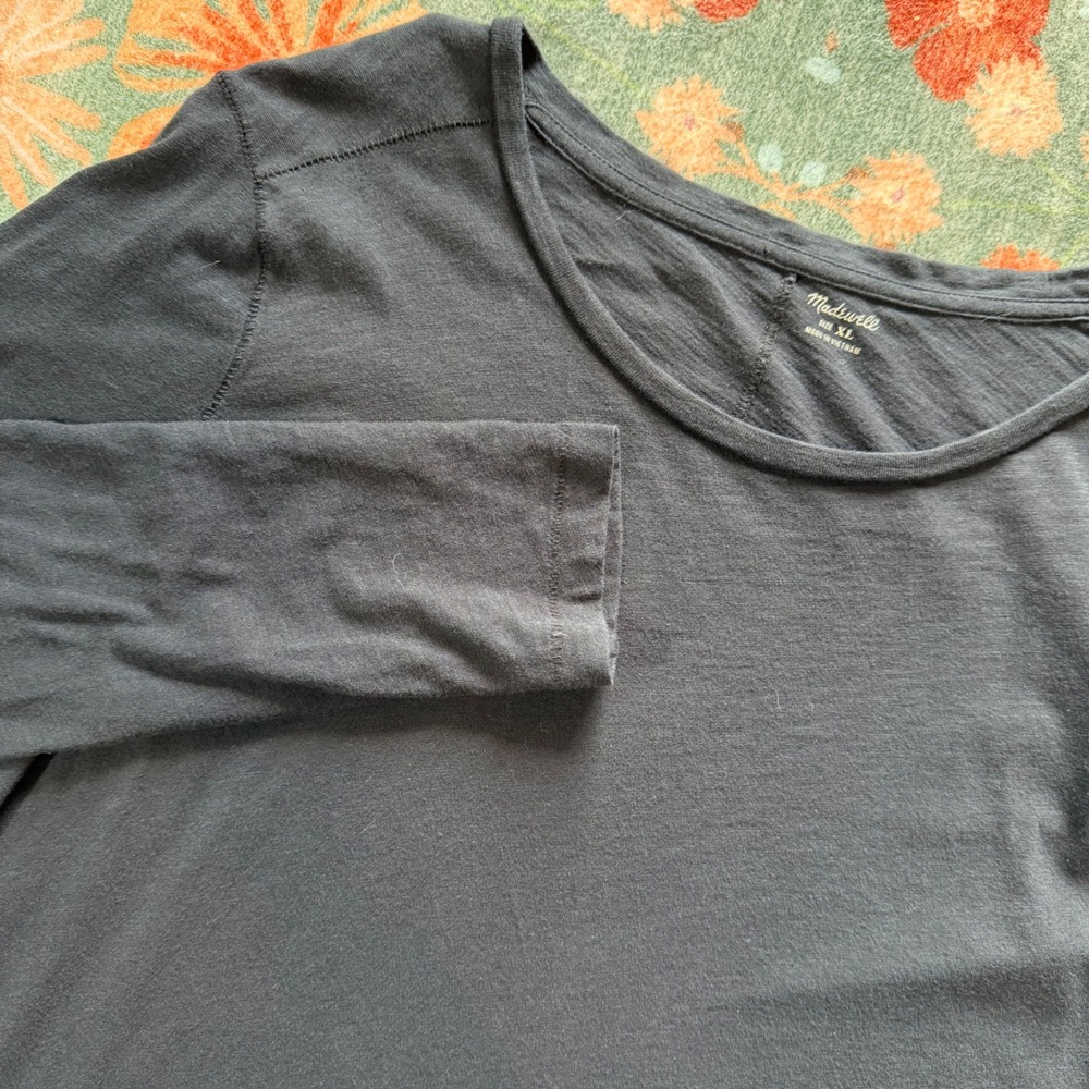 Madewell Womens XL Black Cotton Long Sleeve Crewneck Slub Knit‎ T-Shirt Top